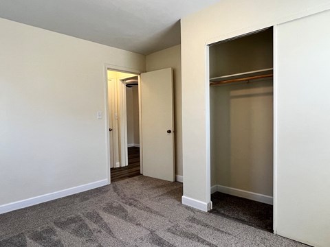 a room with a carpeted floor and a closet with mirrored doors